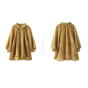 Áo sơ mi linen ngắn cổ pipi xếp ly in bụi hoa - NU7435