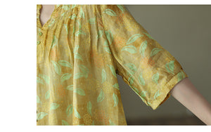 Áo sơ mi linen ngắn tay cổ V khuy đôi in hoa lá - NU8578