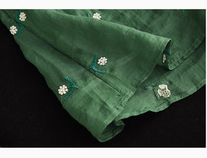Áo sơ mi linen ngắn tay cổ pipi lệch màu thêu bông hoa cô đơn - NU7399