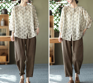 Áo sơ mi linen tay lửng cổ đứng in hoa văn - NU6920