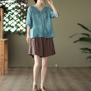 Áo sơ mi linen ngắn tay cổ V thêu ren và dây leo - NU7050