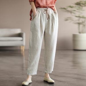 Quần baggy linen lưng thun dây rút hai túi viền thêu hoa văn - NU7167