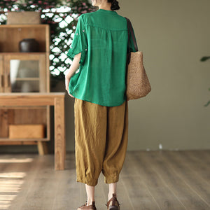 Quần baggy linen lưng thun dây rút thêu hoa hồng - NU7324