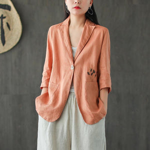 Áo khoác vest linen ngắn tay hai túi thêu nhành hoa - NU7190