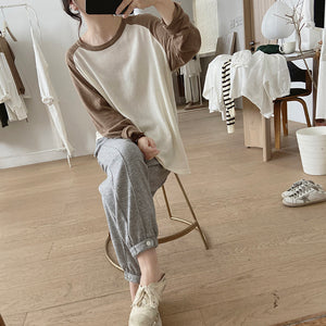 Áo T-shirt dệt kim dài tay phối lệch màu cổ tròn - NU8099