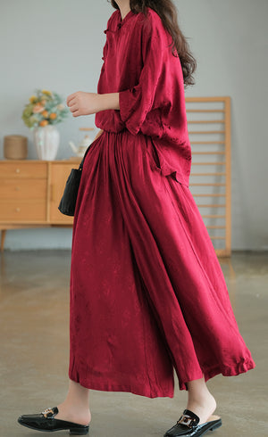 Quần baggy lưng thun ống rộng thêu hoa văn nổi - NU7542