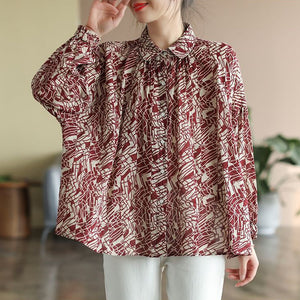 Áo sơ mi linen dài tay cổ pipi xếp ly hoa văn trừu tượng - NU6727
