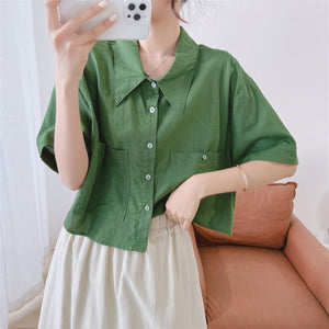 Áo sơ mi linen ngắn tay cổ sen nhọn hai túi vuông - NU7511