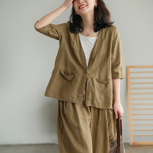 Áo sơ mi linen ngắn tay cổ V form rộng - NU5582