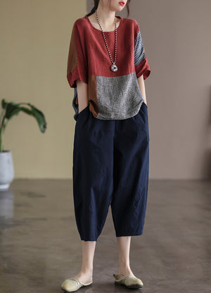 Áo T-shirt linen ngắn tay cổ tròn chắp vá mảng màu caro - NU7274