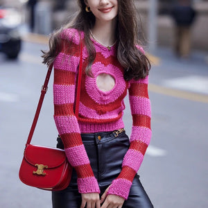 Áo len croptop đan hình tròn dài tay cổ tròn - NU8499