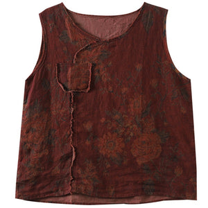 Áo sơ mi linen sát nách cổ tròn một túi in hoa văn - NU6721