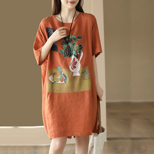 Đầm liền linen ngắn tay cổ tròn in bức tranh tĩnh vật - NU8668