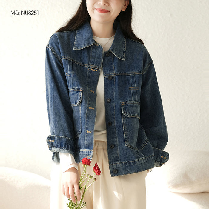 Áo khoác jacket denim dài tay cổ đức túi vuông - NU8251