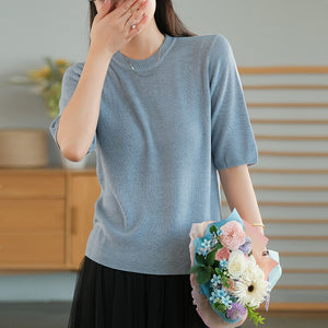 Áo T-shirt len dệp kim ngắn tay cổ tròn một màu - NU7622