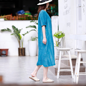 Đầm liền linen ngắn tay cổ tròn một màu hai túi - NU8432