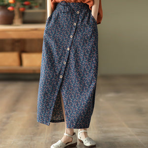 Chân váy linen lưng thun thắt dây xẻ tà chéo in hoa liti - NU8317