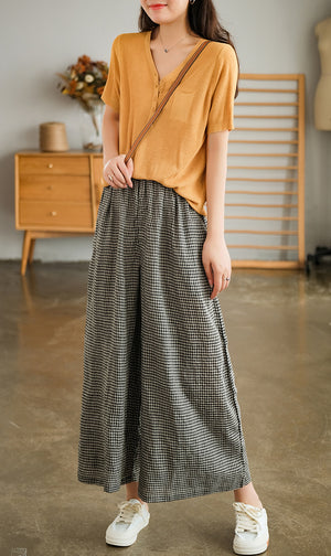 Quần baggy linen lưng thun kẻ sọc caro nhỏ ống rộng - Q258
