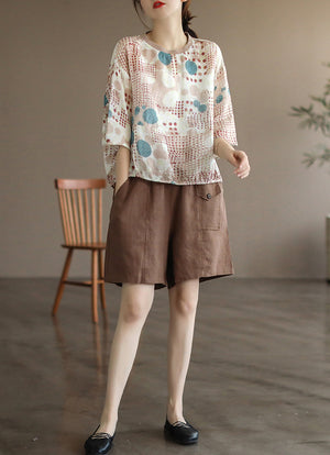 Áo T-shirt linen ngắn tay cổ tròn bo thun in hoa văn - NU7302