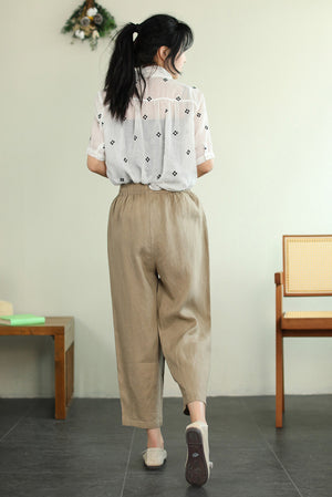 Quần baggy linen lưng thun dây rút thêu kẹo ngọt - NU7288