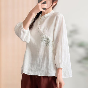 Áo sơ mi linen tay lửng cổ tàu vạt chéo thêu hoa văn - NU8280