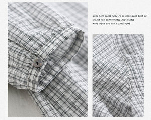 Áo sơ mi linen tay lửng cổ pipi kẻ sọc caro - NU6745