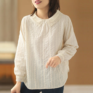 Áo sơ mi linen dài tay cổ tròn đính bèo thêu hoa lá hai chiều - NU6684