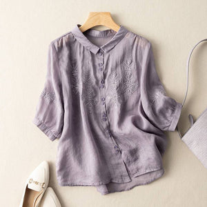 Áo sơ mi linen ngắn tay cổ pipi thêu những bông tuyết đối xứng - NU7182