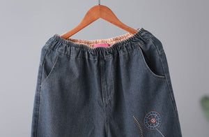 Quần baggy denim lưng thun thêu vòng tròn trừu tượng - NU7787