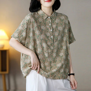 Áo sơ mi linen ngắn tay cổ đức in hoa lá bốn khuy - NU7537