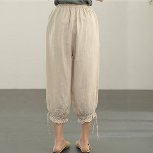 Quần baggy linen lưng thun thêu giỏ hoa ống túm dây rút - NU6631