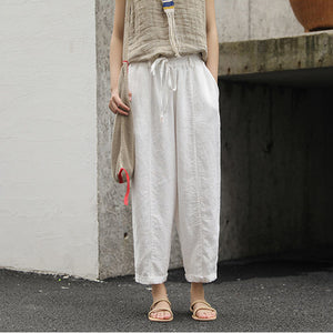 Quần baggy linen lưng thun dây rút một màu - NU8358