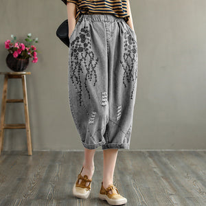 Quần baggy denim retro lưng thun sờn thêu hoa văn - NU6619