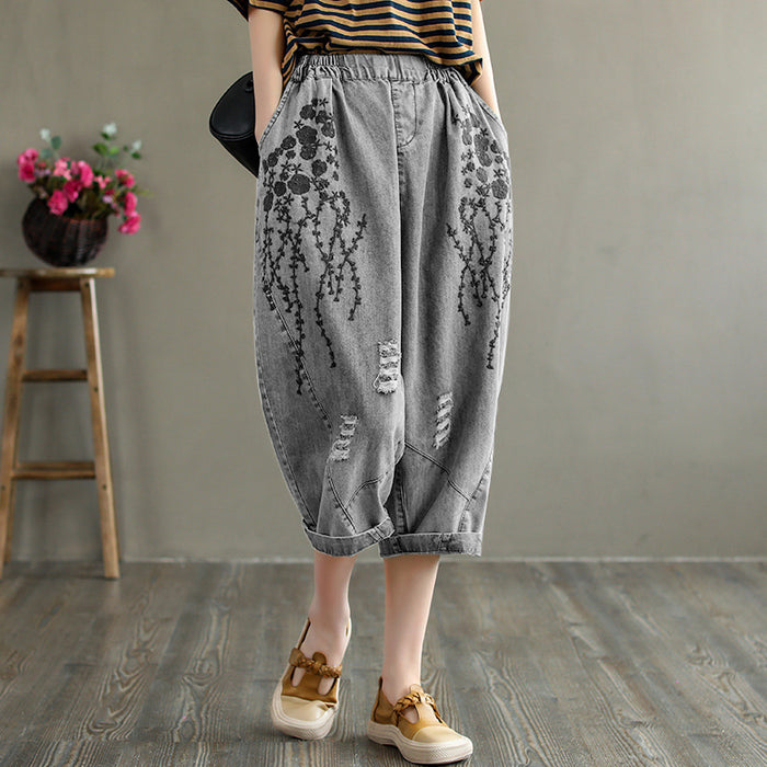 Quần baggy denim retro lưng thun sờn thêu hoa văn - NU6619