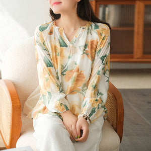 Áo sơ mi dài tay cổ V in hoa lá tay bồng- NU7270