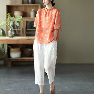 Áo sơ mi linen ngắn tay cổ pipi họa tiết hoa lá - NU6806