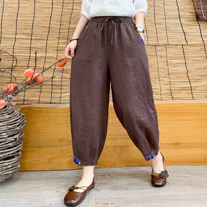 Quần baggy linen lưng thun dây rút ống túm phối vải màu - NU7154