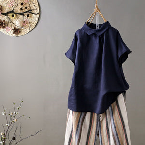 Áo sơ mi linen ngắn tay cổ pipi khuy cài sau một màu - NU8559