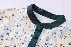 Đầm liền linen tay lửng cổ đứng phối vạt màu in hoa lá - NU8374