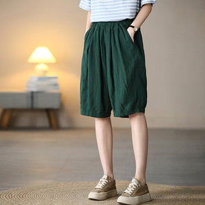 Quần baggy lửng linen lưng thun một màu hai túi chéo  - NU7076