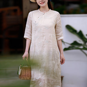 Đầm liền linen ngắn tay cổ tàu thêu hoa đơn sắc - NU8438