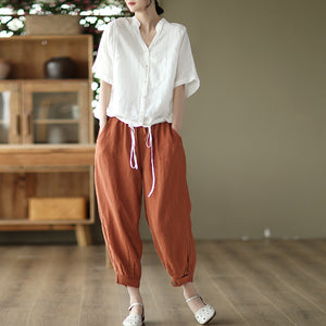 Áo sơ mi linen ngắn tay cổ V túi tròn kiểu - NU7059
