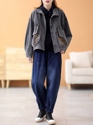 Áo khoác denim dài tay cổ đức hai túi tròn phối hoa lá - NU7893