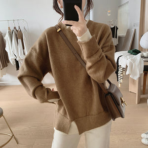 Áo len dệt kim dài tay cổ tròn xẻ kiểu hai lớp - NU7869