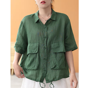 Áo sơ mi linen ngắn tay cổ đức hai túi vương có dây rút - NU7491