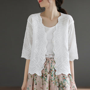 Áo khoác cardigan linen ngắn tay thêu hoa văn cổ V - NU8663