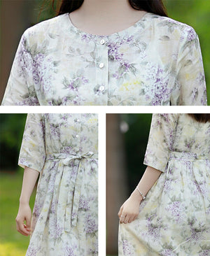 Đầm liền linen ngắn tay cổ tròn khuy cài in hoa lá - NU8266