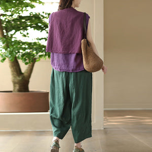 Áo sơ mi linen sát nách cổ V kiểu hai lớp túi vuông - NU8503