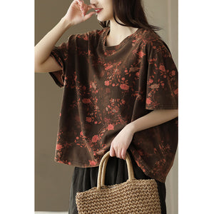 Áo T-shirt ngắn tay cổ tròn in hoa lá đơn sắc - NU8630