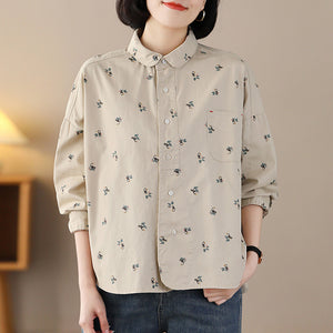Áo sơ mi dài tay cổ pipi một túi in hoa lá vạt mullet - NU8237